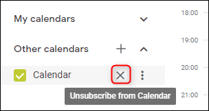 Opção "cancelar inscrição do calendário" do Google Agenda.