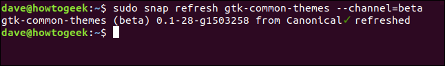 O comando "sudo snap refresh gtk-common-themes --channel = beta" em uma janela de terminal.
