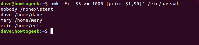 O comando "awk -F: '$ 3> = 1000 {print $ 1, $ 6}' / etc / passwd" em uma janela de terminal.