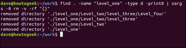 saída de find e xargs e rm em uma janela de terminal