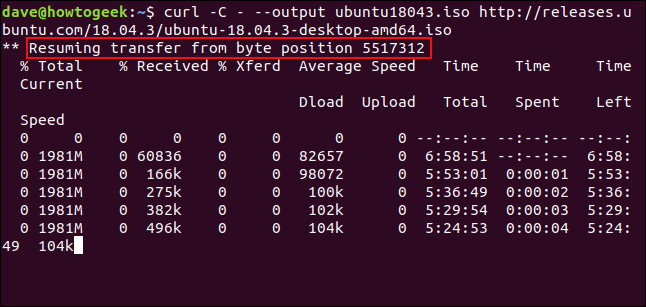 curl -C - --output ubuntu18043.iso http://releases.ubuntu.com/18.04.3/ubuntu-18.04.3-desktop-amd64.iso em uma janela de terminal