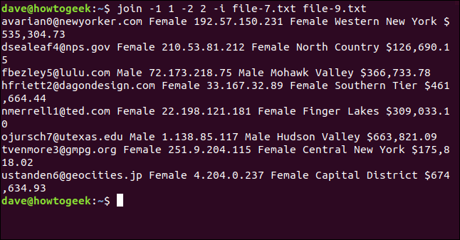 O comando "join -1 1 -2 2 -i file-7.txt file-9.txt" em uma janela de terminal.