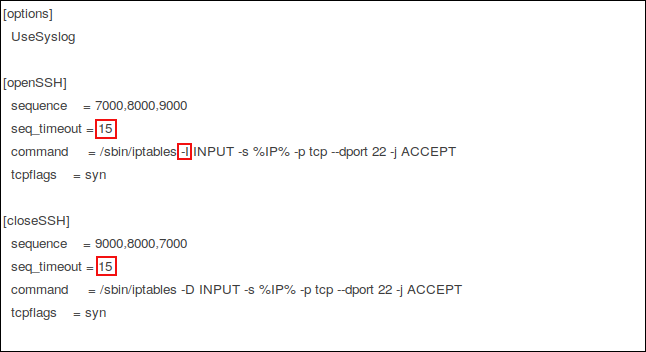 O arquivo de configuração knockd no editor gedit com as edições destacadas.