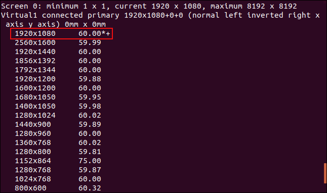 Saída do utilitário xrandr screen em uma janela de terminal