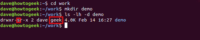 Os comandos "cd work," "mkdir demo" e "ls -lh -d demo cd work" em uma janela de terminal.