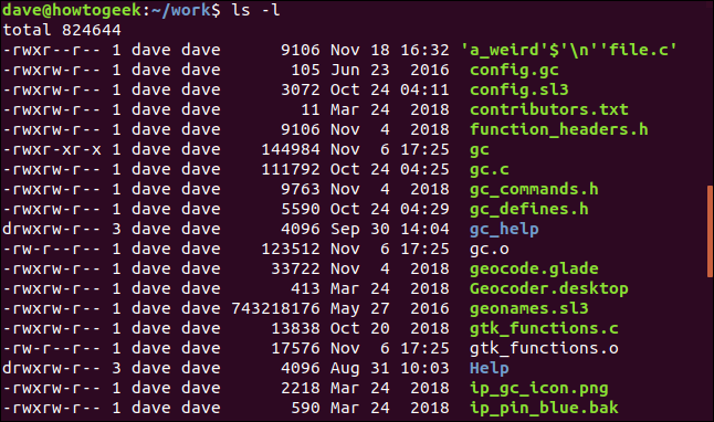 ls -l em uma janela de terminal