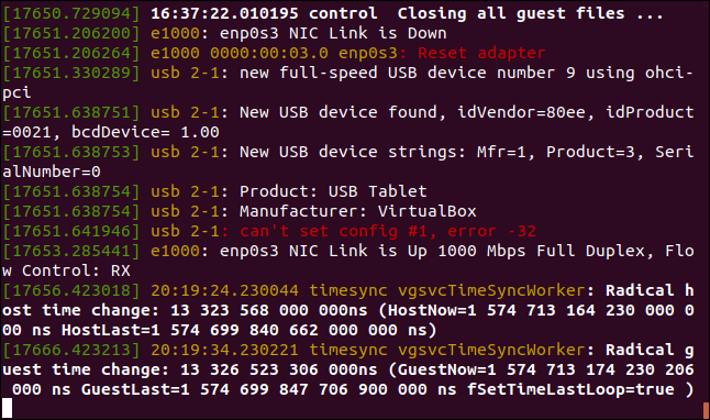 Saída de sudo dmesg --follow na janela do terminal