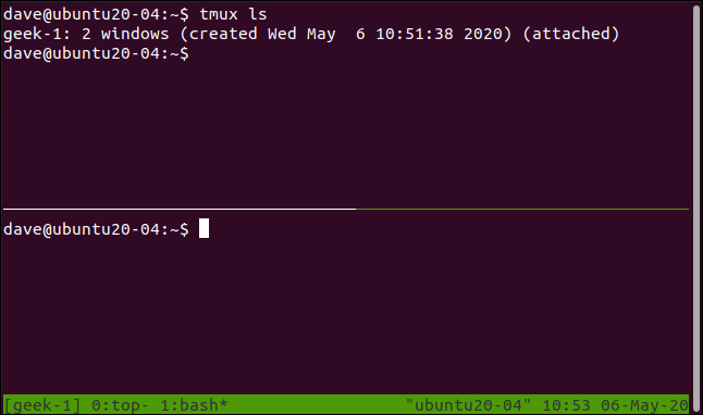 sessão tmux com painéis horizontais em uma janela de terminal.