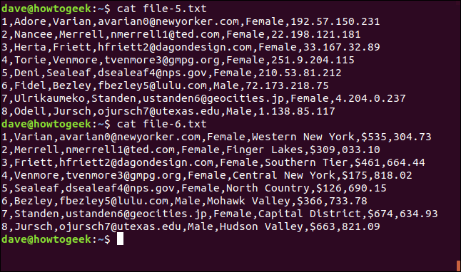 O conteúdo de "cat file-5.txt" e "cat file-6.txt" em uma janela de terminal.