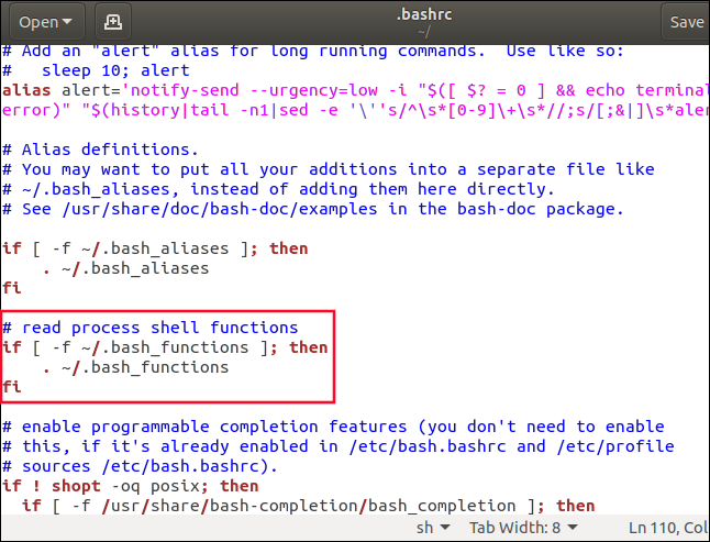 gedit com .bashrc carregado e uma nova seção .bash) _functions destacada