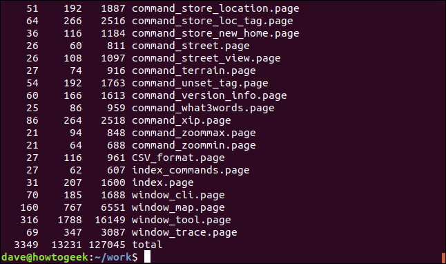 Contagem de palavras, caracteres e linhas em uma janela de terminal