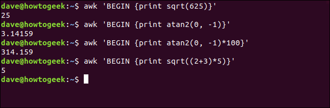 O comando "awk 'BEGIN {print sqrt (625)}'" em uma janela de terminal.
