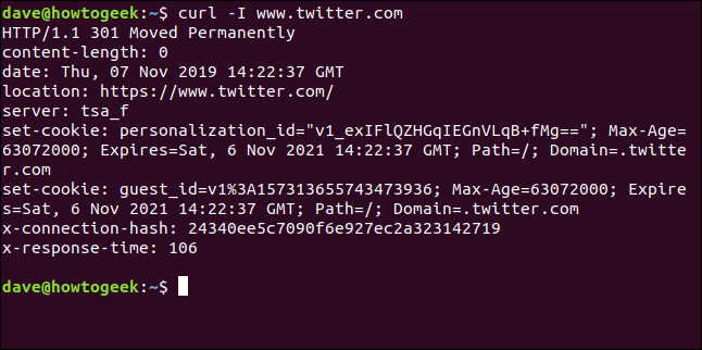 Saída de curl -I www.twitter.com em uma janela de terminal