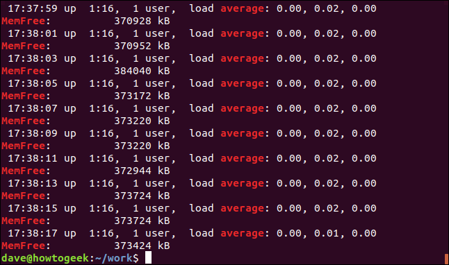 Saída de grep -E -w -i "average | memfree" geek-1.log em uma janela de terminal