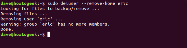 sudo deluser --remove-home eric em uma janela de terminal