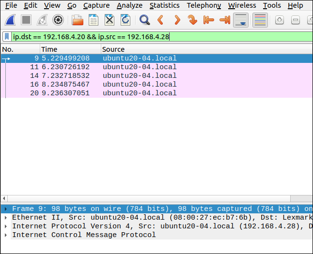 Wireshard com um filtro de ip.addr == 192.168.4.20.
