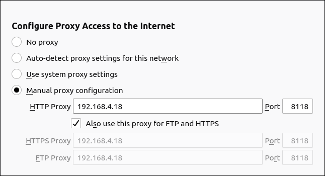 As opções "Configurar Acesso Proxy à Internet" no Firefox.