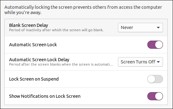 Caixa de diálogo de configurações da tela de bloqueio do Ubuntu 20.04