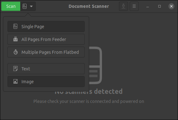 Aplicativo de scanner de documentos com menu exibido