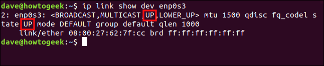 O comando "ip link show enp0s3" em uma janela de terminal.