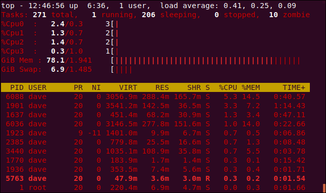 topo com um display colorido, em uma janela de terminal.