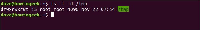 ls -l -d / tmp em uma janela de terminal