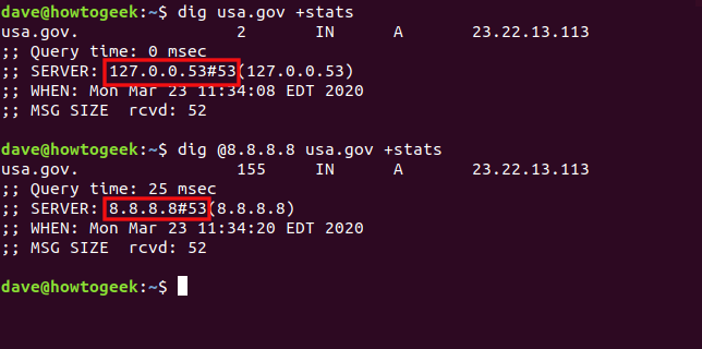 Os comandos "dig usa.gov + stats" e "dig @ 8.8.8.8 usa.gov + stats" em uma janela de terminal.