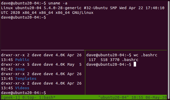 sessão tmux com painéis divididos vertical e horizontal em uma janela de terminal.