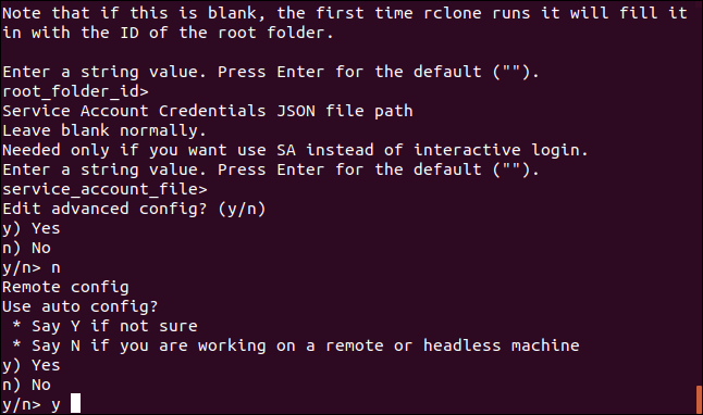 O menu "usar configuração automática" em uma janela de terminal