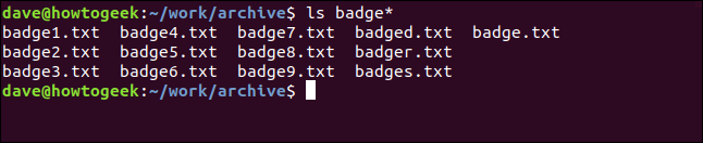 Um comando "ls badge *" em uma janela de terminal.