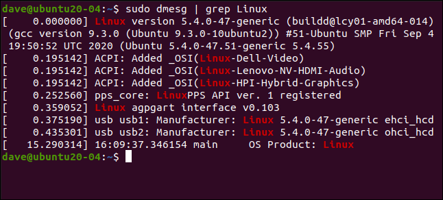 sudo dmesg |  grep Linux em uma janela de terminal.