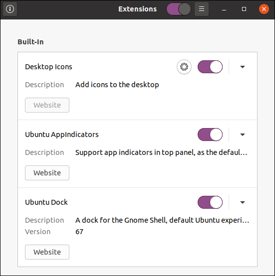 Janela principal do aplicativo Extensões do Ubuntu 20.04