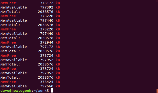 Saída de grep -e MemFree -e [kK] B geek-1.log em uma janela de terminal