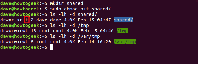 Os comandos "mkdir shared," "sudo chmod o + t shared," "ls -lh -d shared," ls -lh -d / tmp ls, "e" -lh -d / var / tmp "em uma janela de terminal .