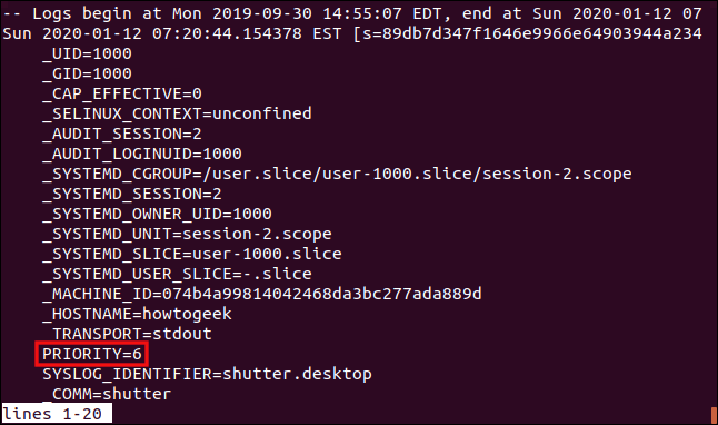 Saída de sudo journalctl -n 10 -o verbose em uma janela de terminal