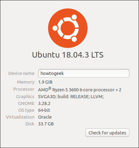 A guia Configurações do GNOME "Sobre" em uma máquina virtual Ubuntu.