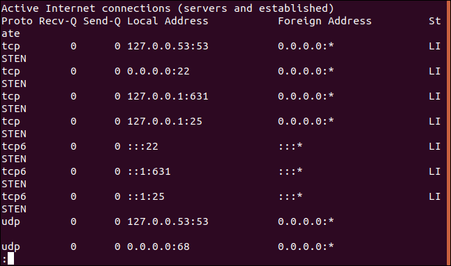 Saída de sudo netstat -an |  menos em uma janela de terminal