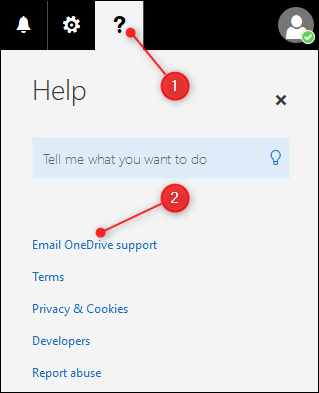 O link "Enviar suporte do OneDrive por e-mail"