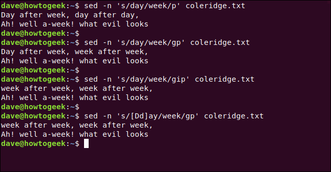 O "sed -n 's / dia / semana / p' coleridge.txt," "sed -n 's / dia / semana / gp' coleridge.txt," "sed -n 's / dia / semana / gip' coleridge.txt, "e" sed -n 's / [Dd] ay / week / gp' coleridge.txt "comandos em uma janela de terminal.