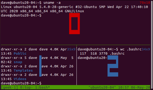 tmux mostrando os números do painel em uma janela de terminal.