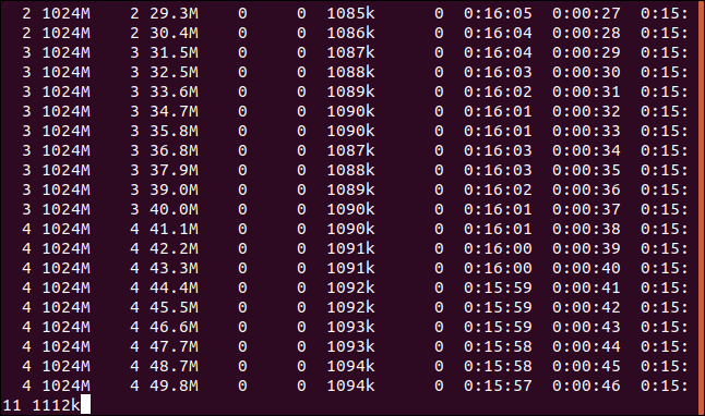 Saída de download do Curl em uma sessão de tela reanexada em uma janela de terminal.