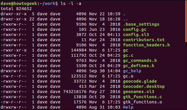 ls -l -a em uma janela de terminal