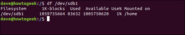 df / dev / sdb1 em uma janela de terminal