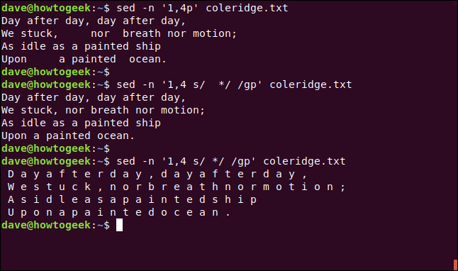 O "sed -n '1,4p' coleridge.txt," "sed -n '1,4 s / * / / gp' coleridge.txt," e "sed -n '1,4 s / * / / gp 'coleridge.txt "comandos em uma janela de terminal.