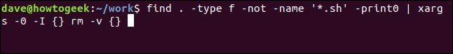 encontrar .  -tipo f -não - nome "* .sh" -print0 |  xargs -0 -I {} rm -v {} em uma janela de terminal