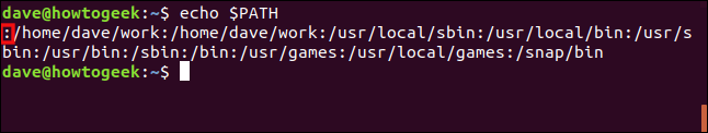 O comando "echo $ PATH" com dois pontos destacados em uma janela de terminal.