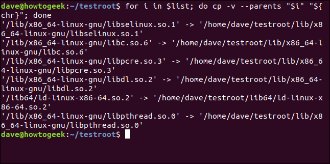 Saída do loop cp copiando as dependências ls em uma janela de terminal