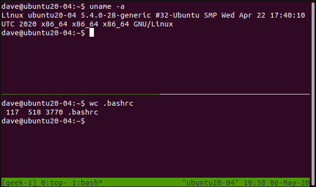 tmux com dois painéis horizontais em uma janela terminal.