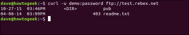 Lista de arquivos em um servidor FTP remoto em uma janela de terminal