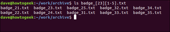 Um comando "ls badge_ [23] [1-5] .txt" em uma janela de terminal.